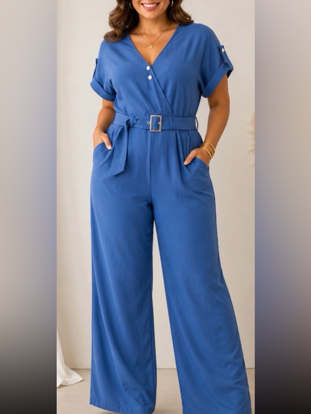 Wide-Leg Jumpsuit in Blue. Zipper back, Pockets & Belt. L (New without Tag)